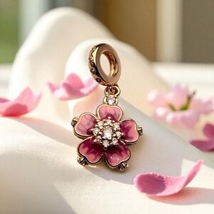 🌸 New Rose Gold-Plated Sterling Silver Pink Flower Charm with CZ Inlay